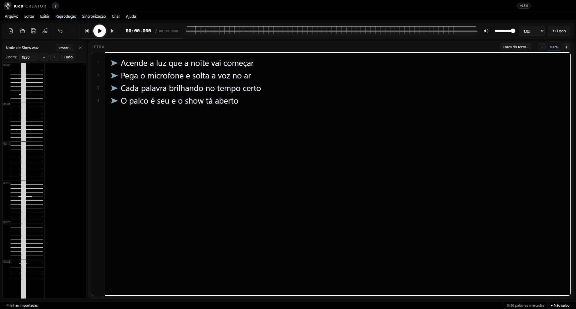 Música aberta e letra colada no KRB CREATOR