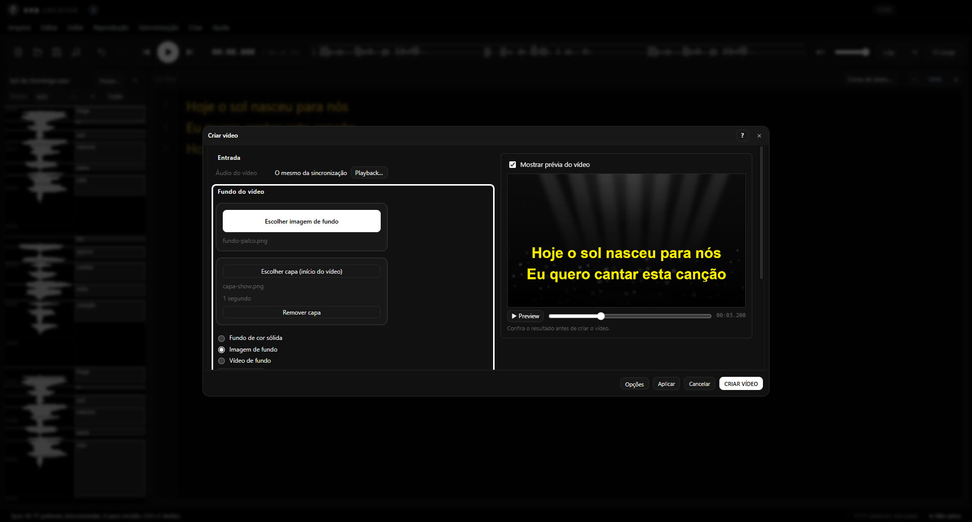 Janela Criar vídeo com fundo, capa e prévia