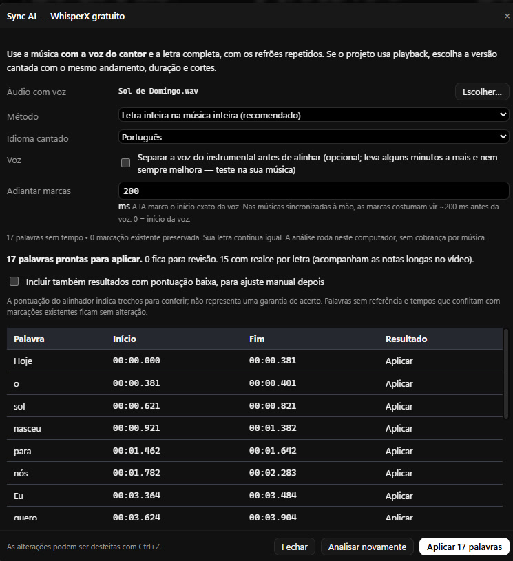 Janela da Sync AI com as palavras prontas para aplicar